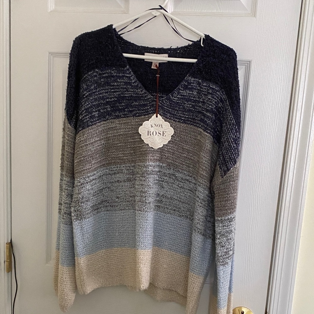 Indigo V-Neck Sweater - Navy, Gray, and Cream Stripes
